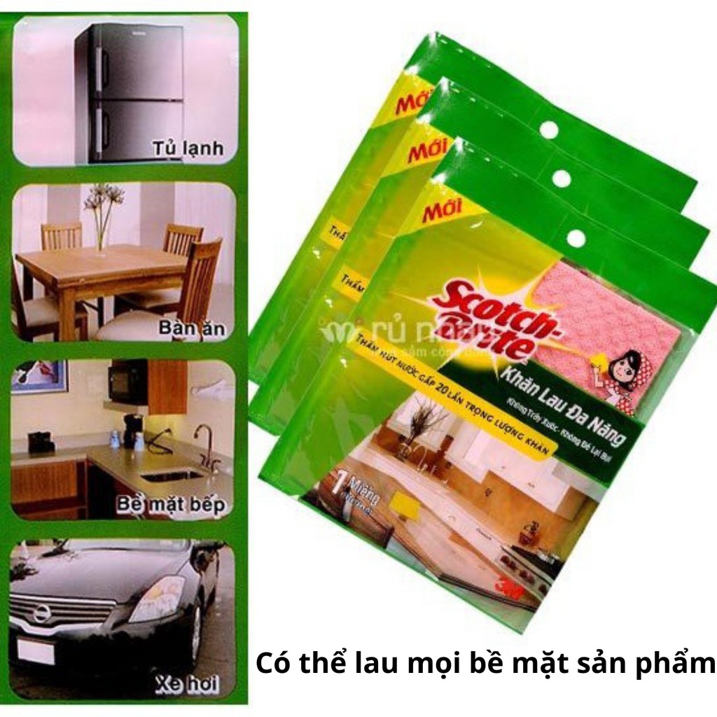 Khăn Lau Đa Năng 3M Scotch Brite Gói 3-Lau Mọi Bề Mặt,Thấm Hút Gấp 20 Lần 18x20cm