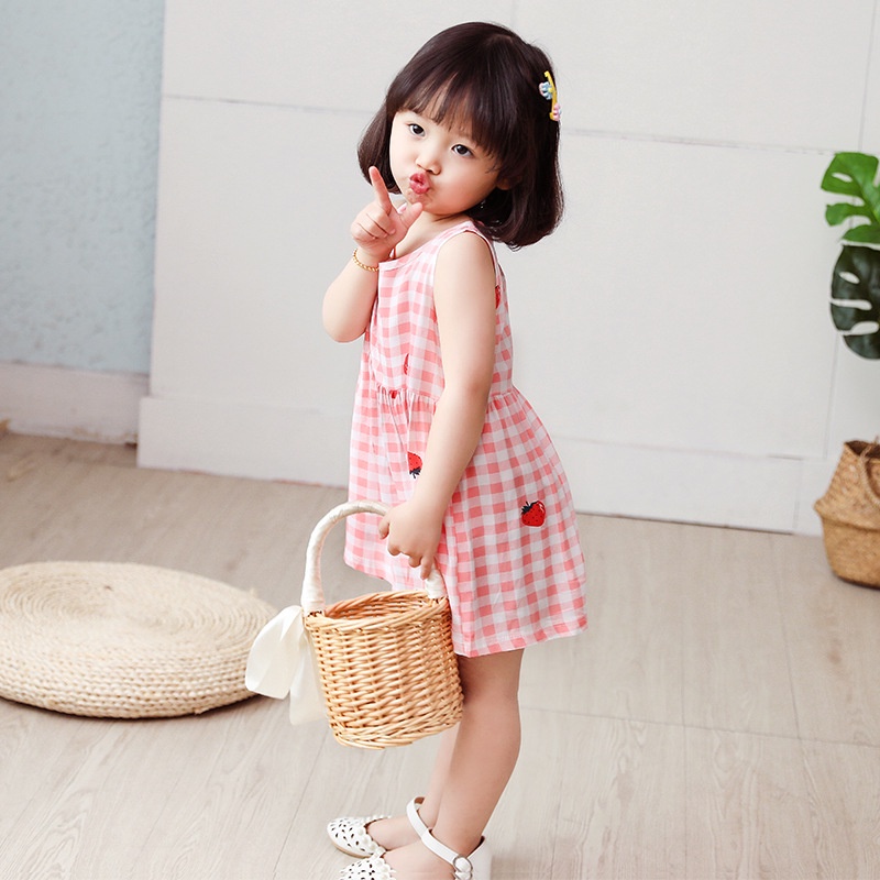 Đầm Công Chúa Mùa Hè Không Tay Bằng Vải Cotton In Họa Tiết Hoạt Hình Cho Bé Gái