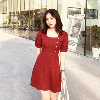 Đầm váy freesize bi đỏ cổ vuông nút dừa