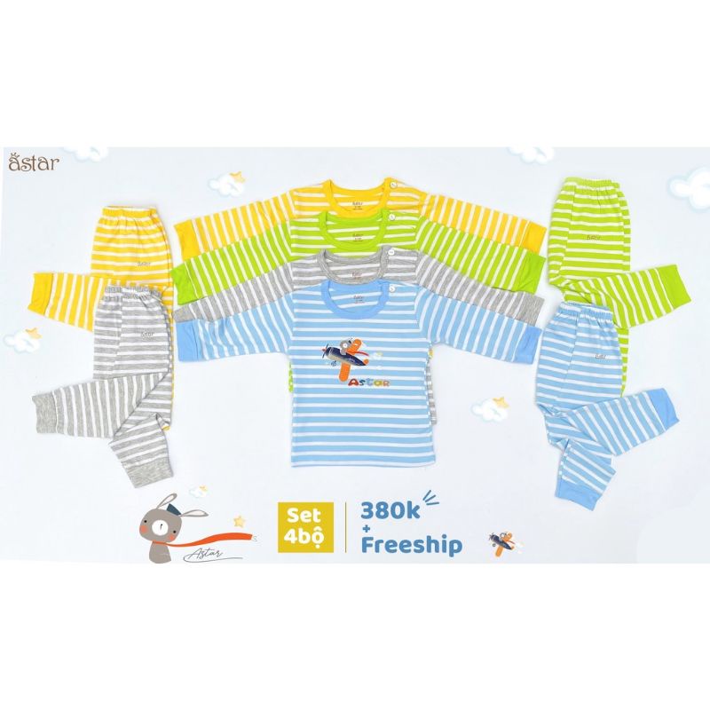 Bộ dài tay kẻ sọc Astar/Nus chất cotton tre siêu mềm mát co giãn cho bé