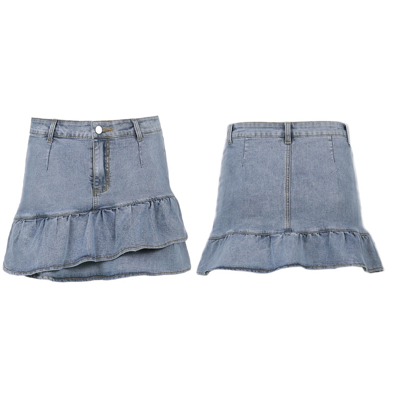Chân Váy Jean Chữ A Lưng Cao Viền Bèo Phong Cách Vintage Thời Trang Cho Nữ