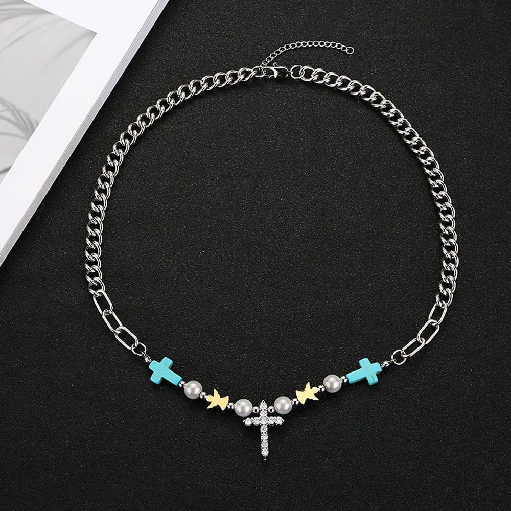 1 Vòng cổ Thép Titan Đính Hạt Ngọc Lam Độc Đáo Thời Trang Cho Cặp Đôi