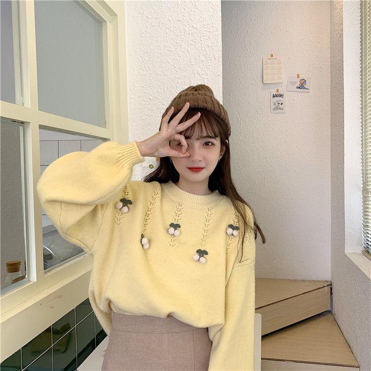 Áo Sweater Dệt Kim Tay Dài Cổ Tròn Hoạ Tiết Cherry Thời Trang Thu Đông Cho Phái Nữ
