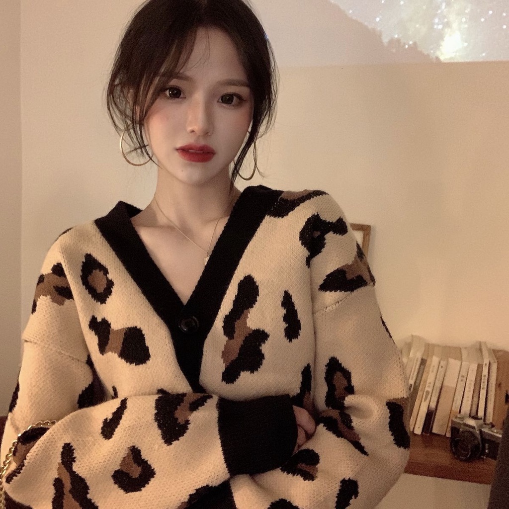 Áo Khoác Cardigan Dệt Kim Tay Dài Cổ Chữ V Họa Tiết Da Báo Thời Trang Thu Đông Cho Nữ