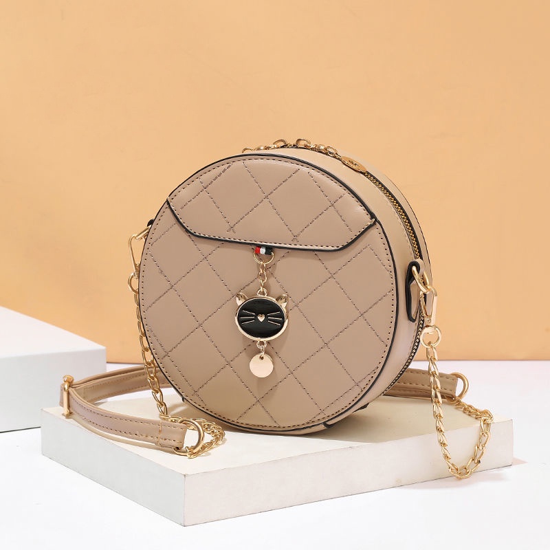 Túi Đeo Chéo Hình Tròn Cỡ Nhỏ Phối Dây Đeo Sợi Xích Thời Trang Phong Cách Hàn Quốc Cho Nữ