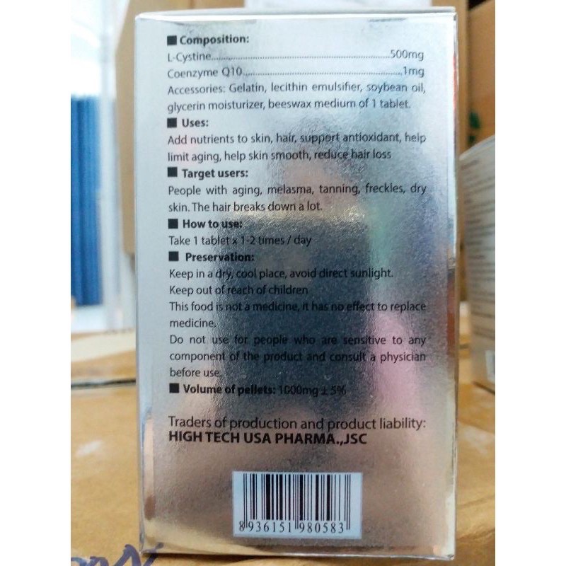 VIÊN UỐNG TỔNG HỢP LÀM ĐẸP DA, TÓC, MÓNG L CYSTINE VỚI BIOTIN VÀ VITAMIN E HỘP 60 VIÊN