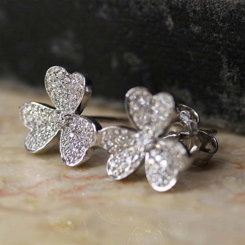Fancy Bông Tai Đinh Tán Hình Cỏ 3 Lá Đính Kim Cương Toàn Diện Chất Lượng Cao Làm Quà Tặng Kỷ