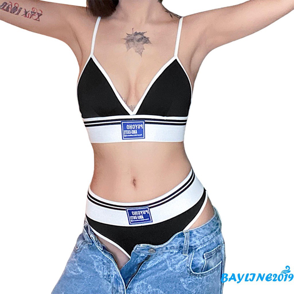 Bộ Đồ Lót 2 Mảnh Gồm Áo Hai Dây Chữ V Màu Đen Thêu Chữ Gối Quần Lót Lưng Cao Gợi Cảm Cho Nữ