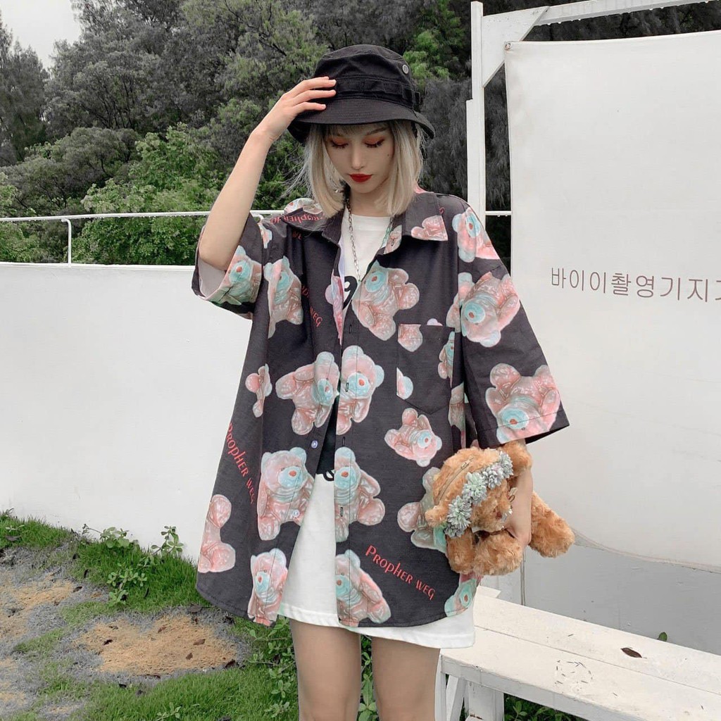 Áo sơ mi unisex freesize họa tiết GẤU BÔNG CAM