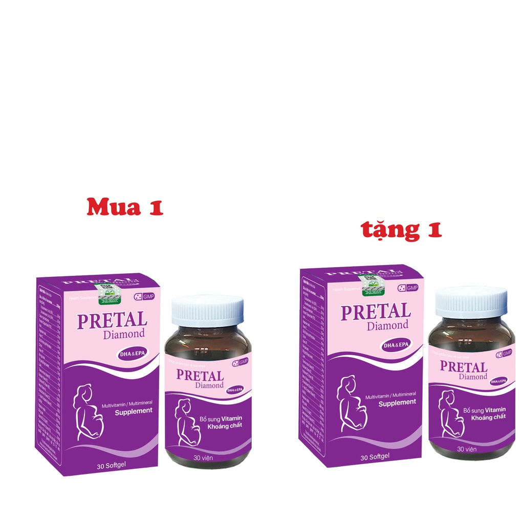 Viên uống tổng hợp bà bầu PRETAL DIAMOND, Prenatal Multi, DHA, chuẩn GMP, Hộp 30 viên.
