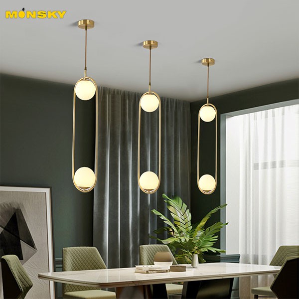 Combo đèn thả MONSKY ZATEM chao thủy tinh địa cầu, khung mạ vàng hình Elip 2 đầu độc đáo - kèm bóng LED chuyên dụng