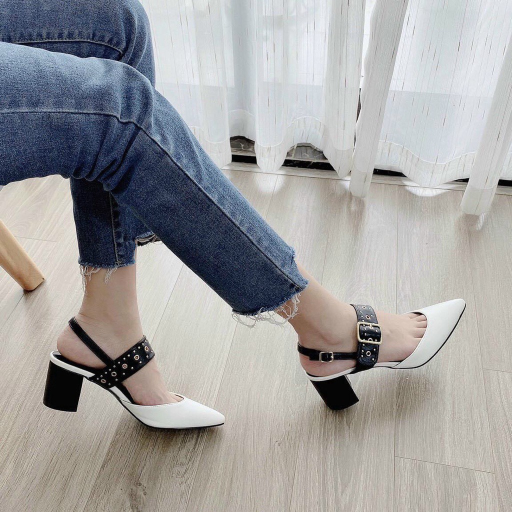 (S145) Sandal nữ cao gót 7 phân bít mũi khuy cài ngang cá tính (Mã TH112 - ĐINH - VNXK)