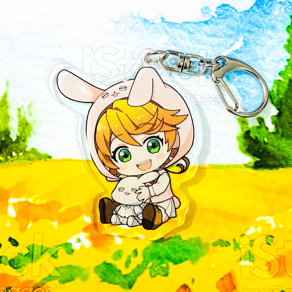 ( Mica trong acrylic ) Móc khóa in hình MIỀN ĐẤT HỨA ver TAI THỎ The Promised Neverland anime chibi xinh xắn