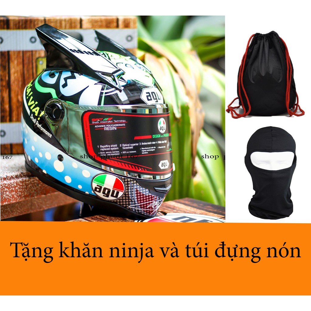 Nón Fullface AGU tem 46 và tai rùa hàng thật 100%, tặng khăn Ninja và Túi đựng nón