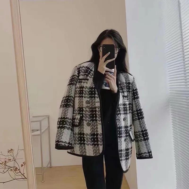 Áo khoác dạ tweed Nữ dáng xuông đi làm đi học kèm ảnh thật phong cách Hàn Quốc