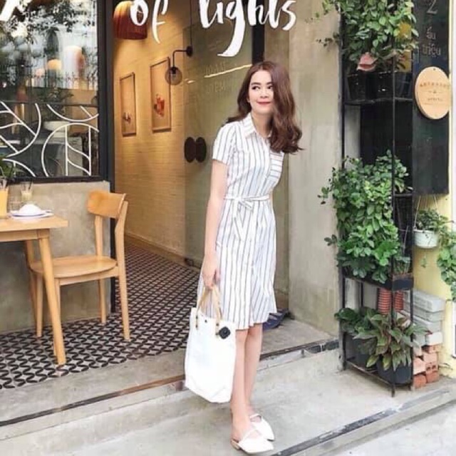 Váy sơmi kẻ kèm dây buộc