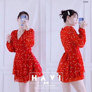 (ẢNH THẬT) Jumsuit hoa cổ V tầng có dây buộc eo