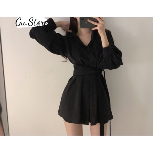 Set Váy Sơ Mi Hai Màu Đen Trắng Kèm Đai Buộc Uzzlang Gu store Hot Trend 2021 Ba Món Kết Hợp Được Nhiều Phong Cách mã044