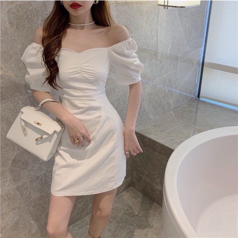 Váy Ôm Body Nữ Sexy Trễ Vai Váy Tay Bồng Cổ Vuông Ôm Sát Người Có Hai Màu Trắng Đen Sang Trọng Phong Cách Hàn Quốc V04