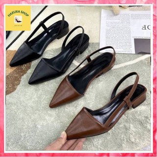 Sandal, Sục nữ đế cao mũi nhọn da mềm hai màu Đen Nâu