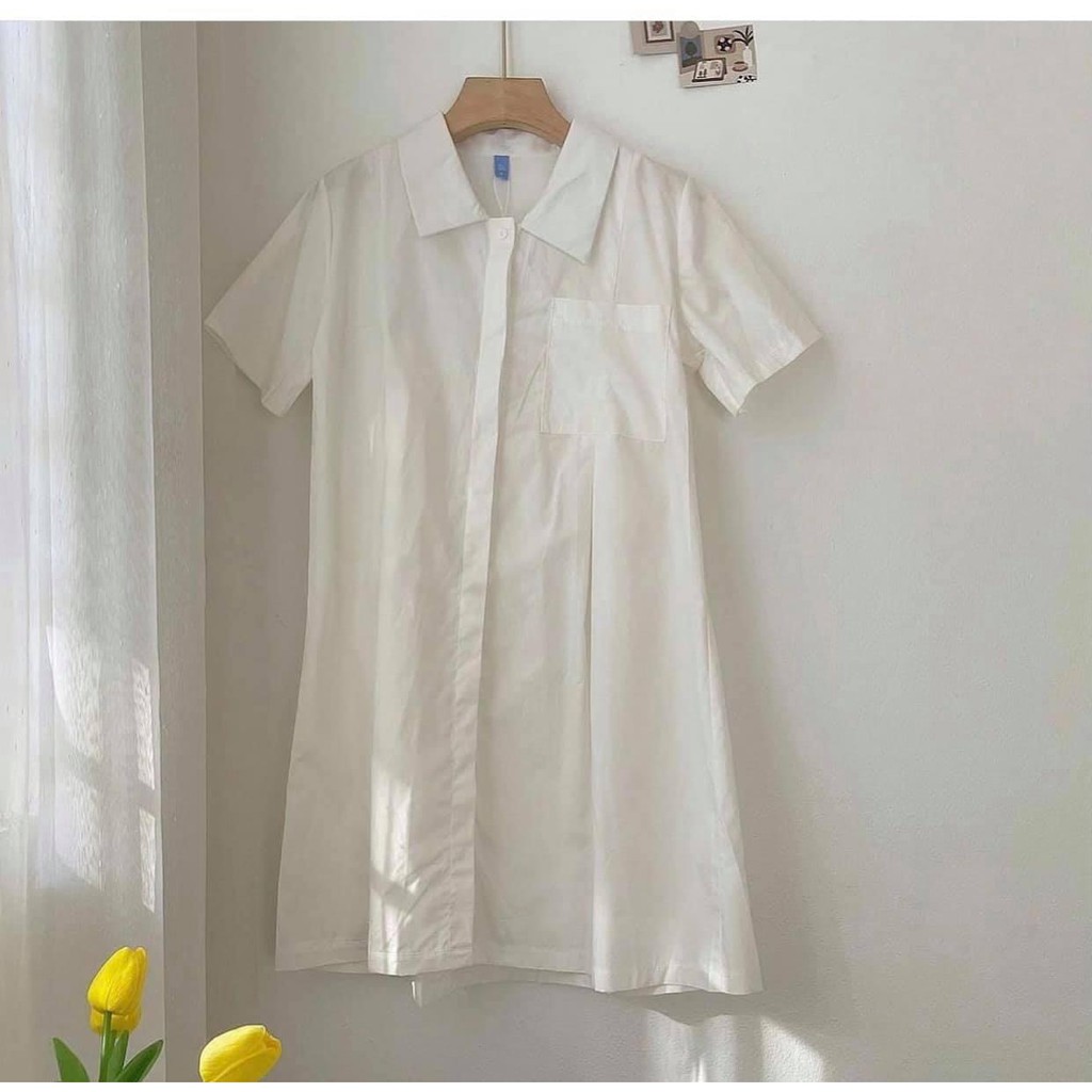 [ẢNH THẬT/VIDEO] VÁY SƠ MI DÁNG BABYDOLL UZZANG CÓ TÚI NGỰC SIÊU XINH VÁY SƠ MI CỔ ĐỨC DÁNG SUÔNG HÀN QUỐC