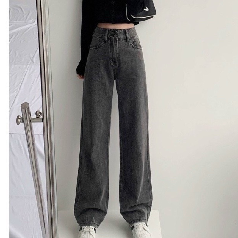 Quần bò nữ  Quần jean ống rộng cạp 2 cúc màu ĐEN XANH style Hàn Quốc Ulzzang dành cho nữ PHULA B9