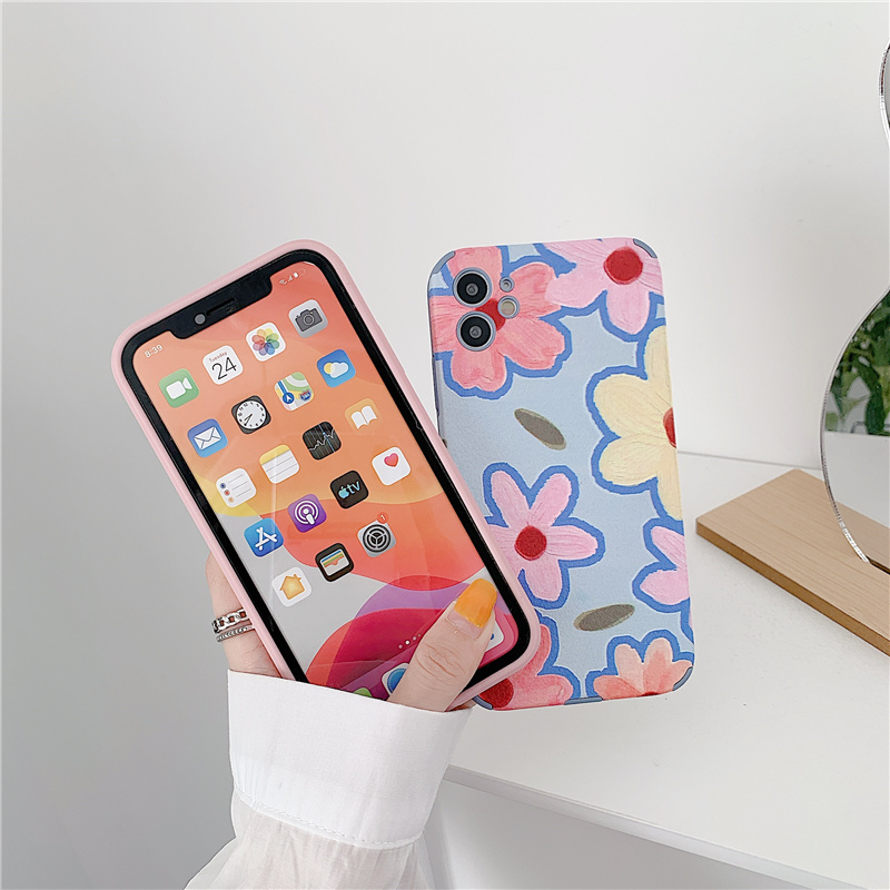 Ốp điện thoại da bảo vệ ống kính hoạ tiết hoa màu xanh dương kiểu tranh sơn dầu cho iPhone 12 Pro Max iP11 X XR | BigBuy360 - bigbuy360.vn