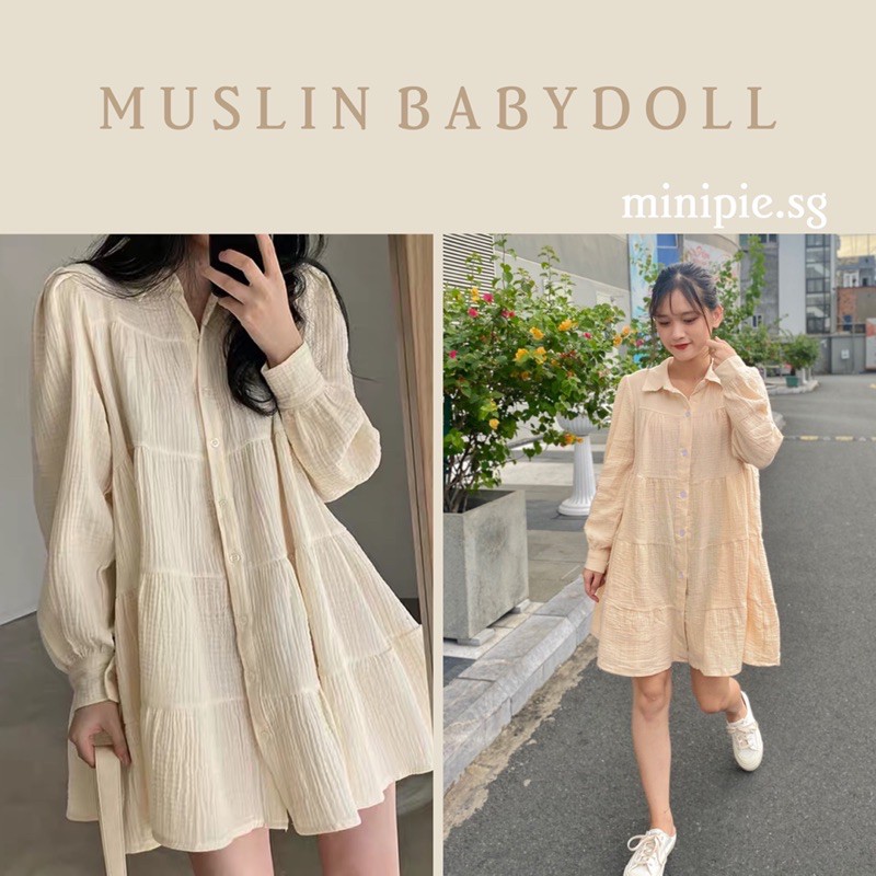 (Có sẵn) Váy Babydoll Chất Muslin Tay Dài Cài Nút Phong Cách Hàn Quốc Minipie