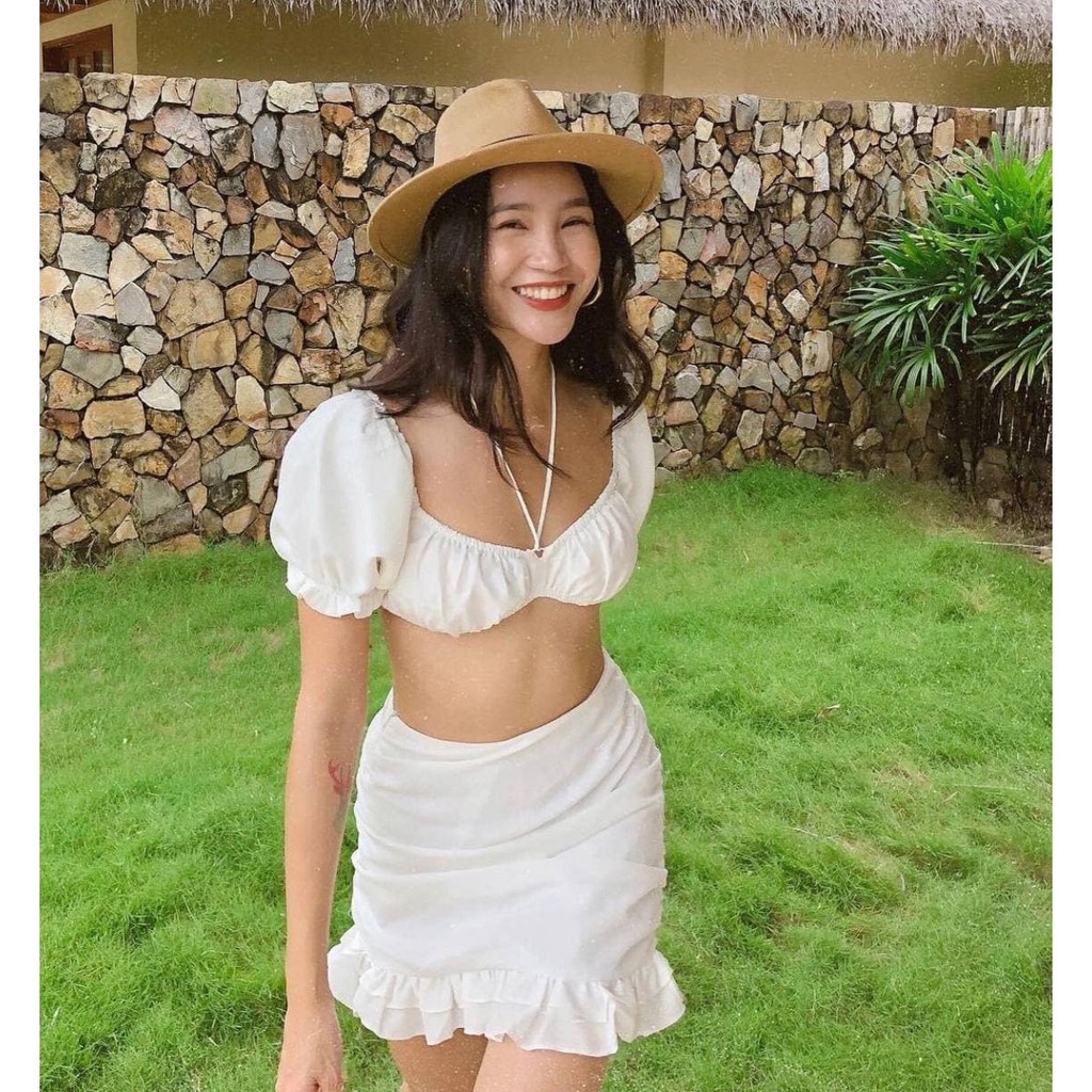 Áo Croptop Dây Cổ Màu TRẮNG (Mặc 2 Kiểu)