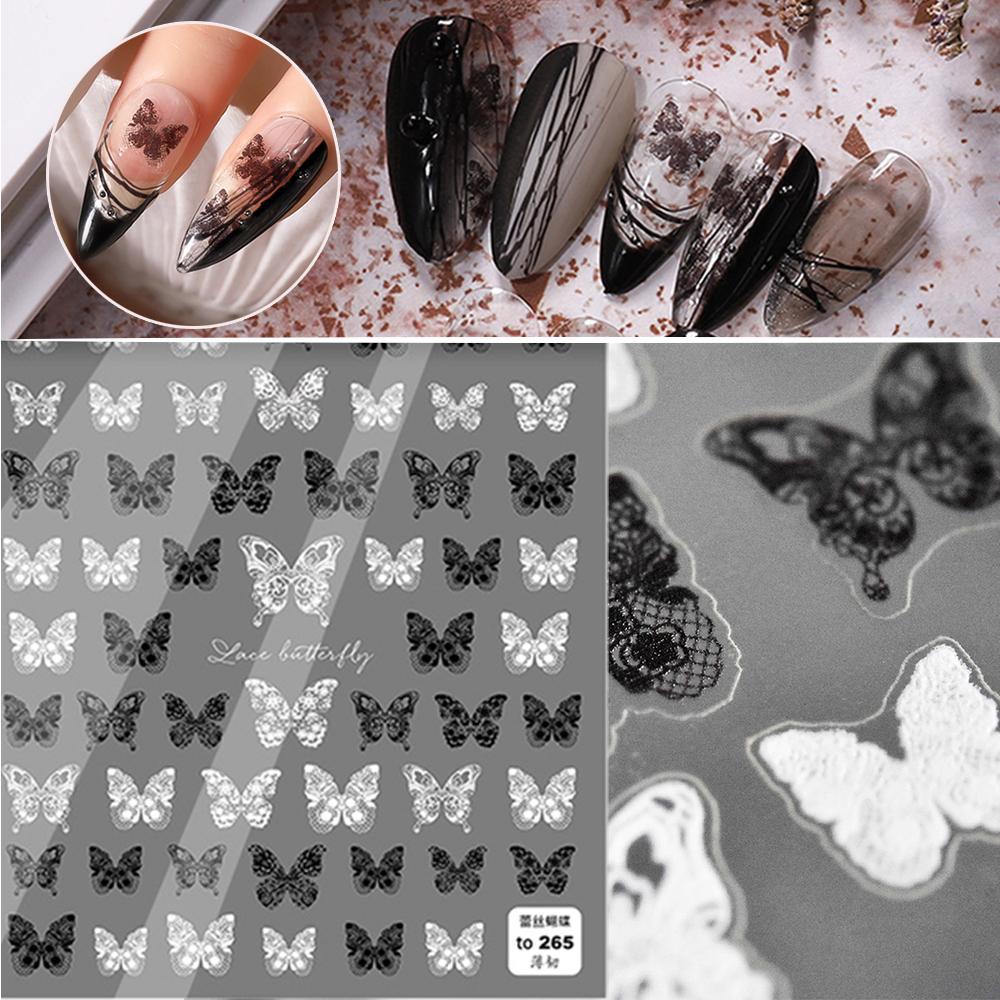 Miếng Dán Trang Trí Móng Tay Tự Dính Hình Bướm Và Ren Màu Trắng DIY