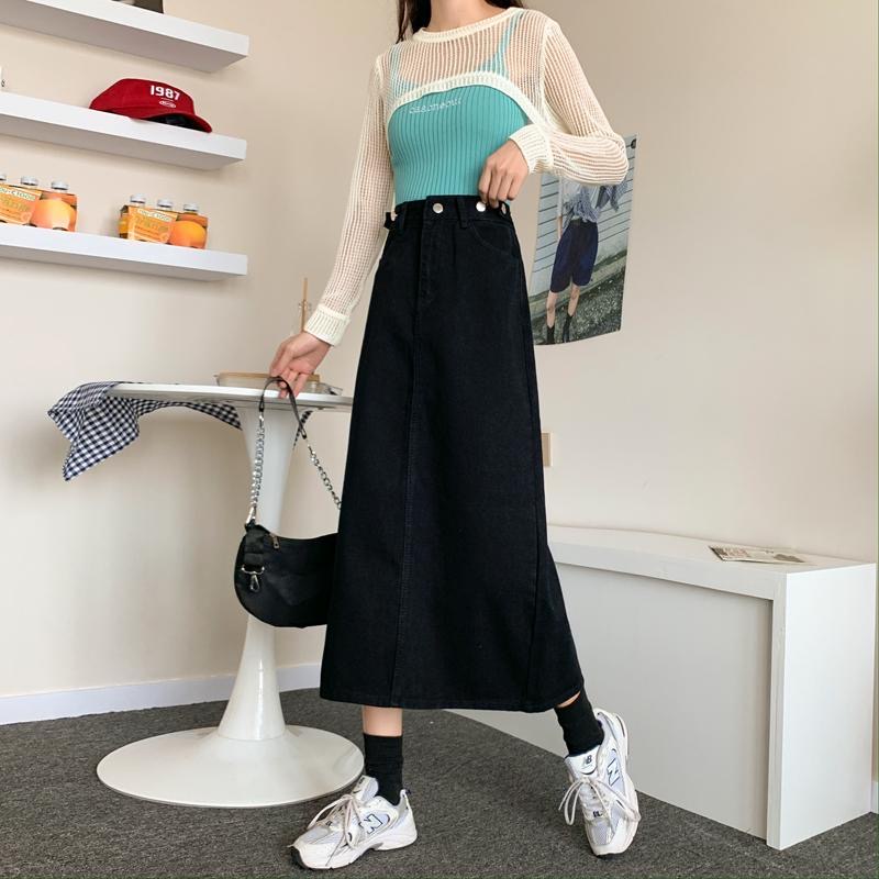 Chân váy denim chữ a lưng cao dài trung bình xẻ tà thời trang cho nữ | BigBuy360 - bigbuy360.vn