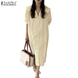 Đầm ZANZEA kiểu sơ mi dáng rộng cổ bẻ tay ngắn cho nữ