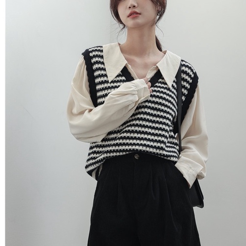 ZHELIHANGFEI Áo Sweater Tay Dài Cổ POLO Giả Hai Lớp Phong Cách Retro