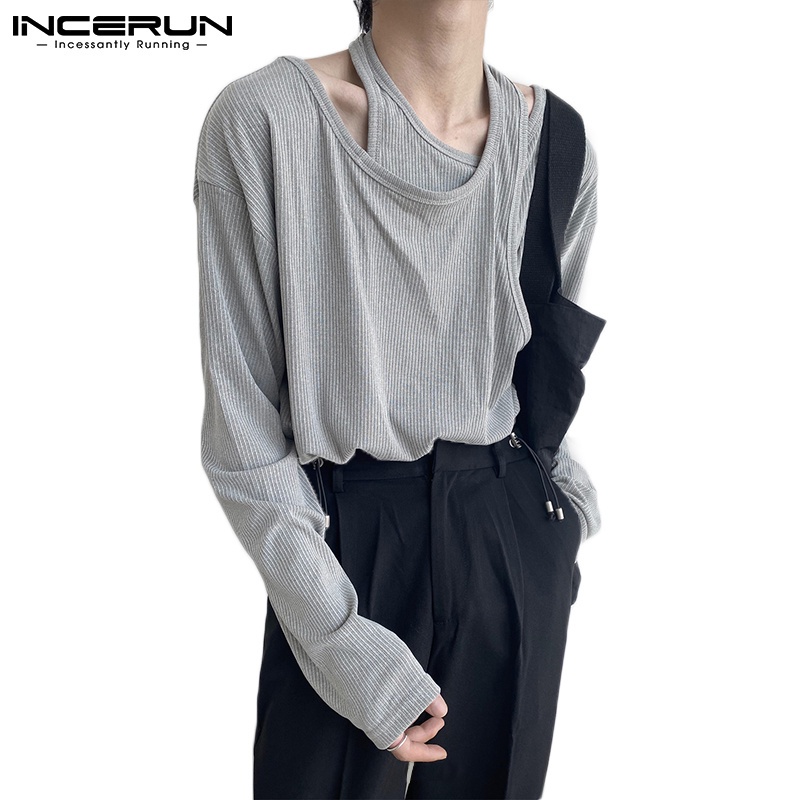 Áo thun INCERUN dài tay khoét rỗng dáng rộng thời trang thu đông màu trơn cho nam