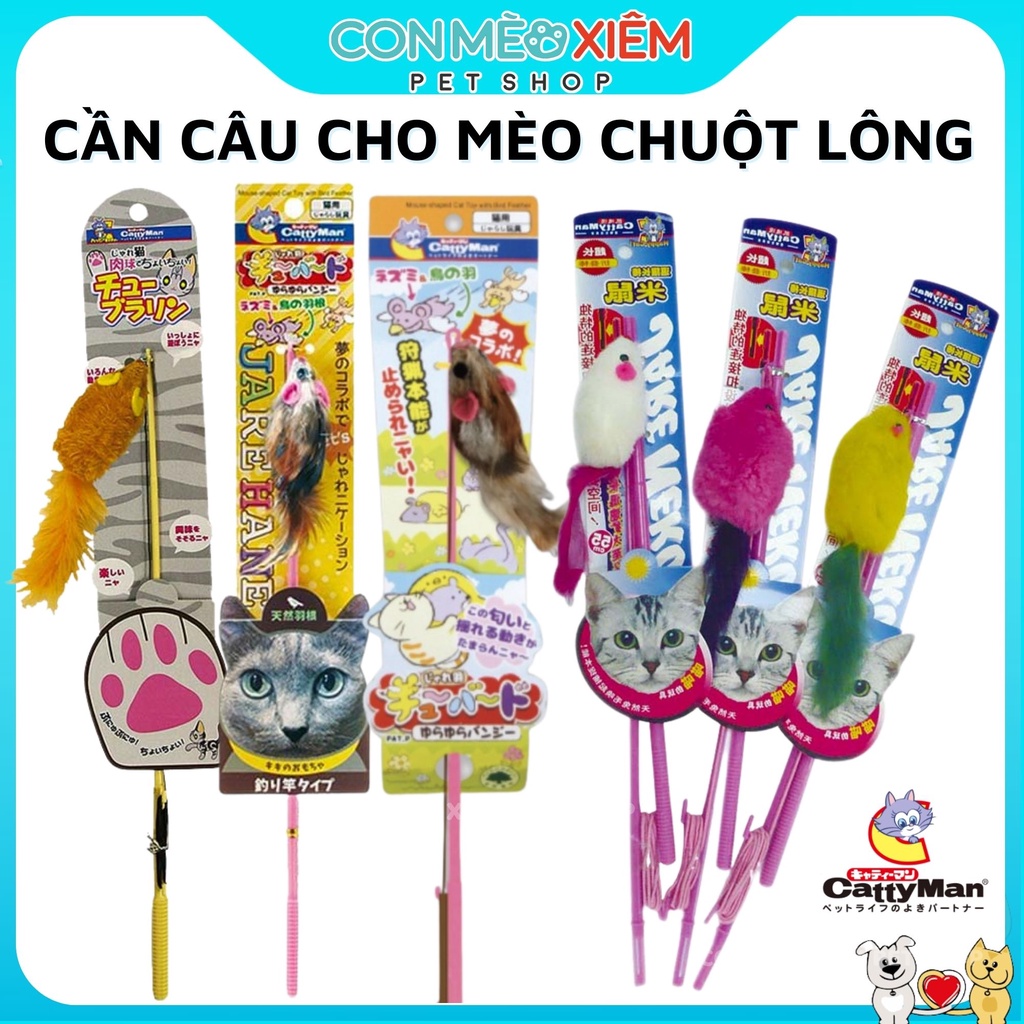 Cần câu cho mèo chuột lông vũ lông gà thỏ Cattyman nhiều mẫu, đồ chơi chó mèo Con Mèo Xiêm