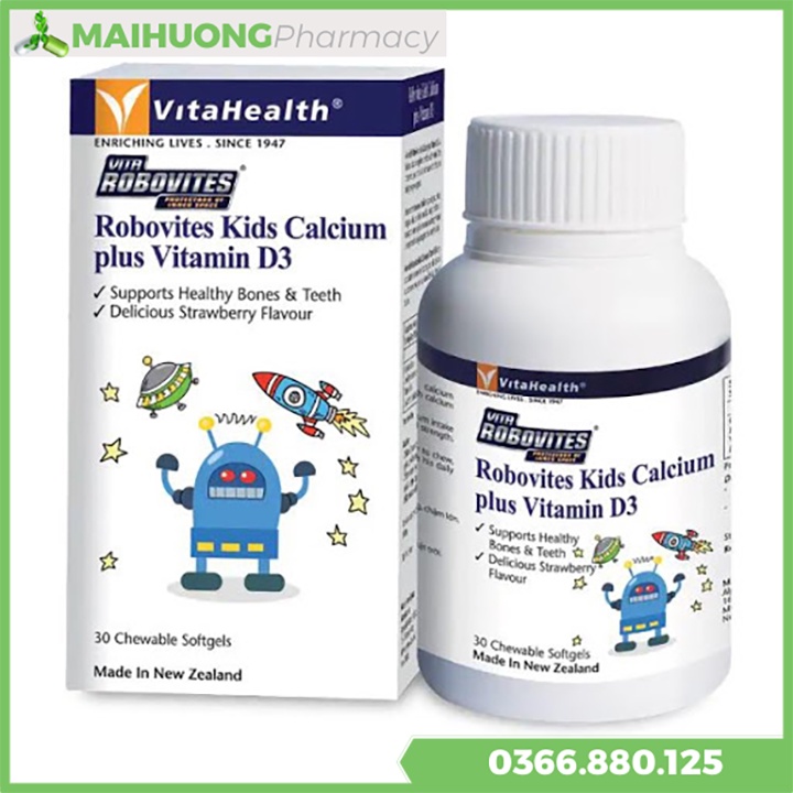 Robovites Kids Calcium plus Vitamin D3 hộp 30 viên nhai, Giúp bổ sung calcium và Vitamin D3 cho trẻ em.