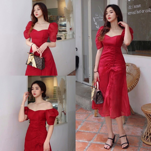 Đầm trễ vai tay phồng rút hông 4 màu | BigBuy360 - bigbuy360.vn