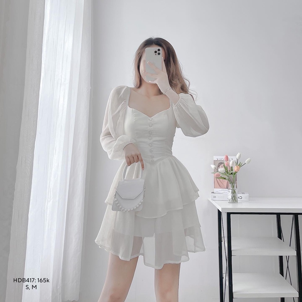 Đầm voan gân tiểu thư 2 tầng dài tay bồng nút giữa CHIBEST HDB417