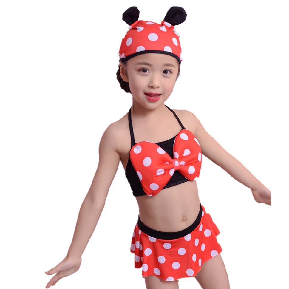 Đồ bơi cho bé FUHA, bộ bikini họa tiết hình chấm bi 3 chi tiết đáng yêu dành cho bé gái