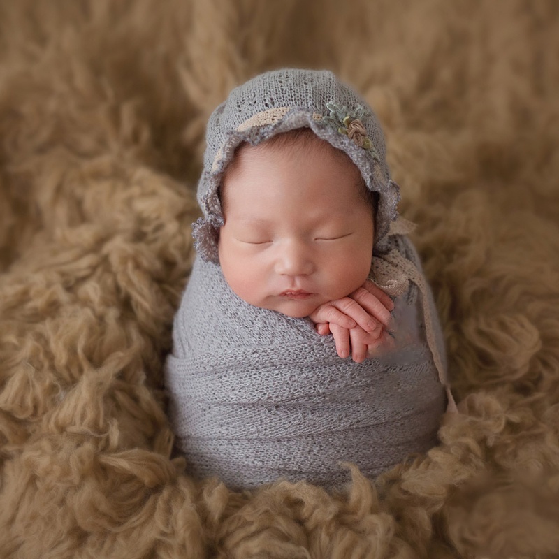 Chăn Dệt Kim Co Giãn + Mũ Xinh Xắn Dùng Làm Phụ Kiện Chụp Ảnh Cho Bé Sơ Sinh
