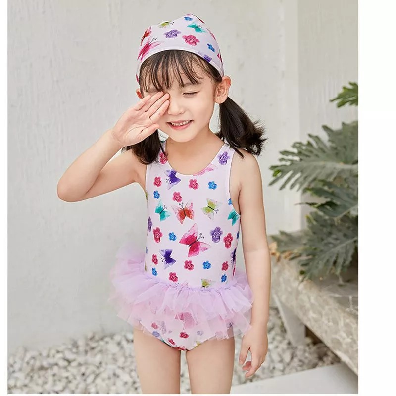 1-7T Kids Swimming Swimwear Girls Cute Tutu Swim Suit Print Butterfly Swimsuit Cap