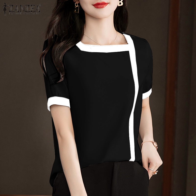 Áo kiểu ZANZEA cổ vuông tay ngắn màu tương phản thời trang dành cho nữ