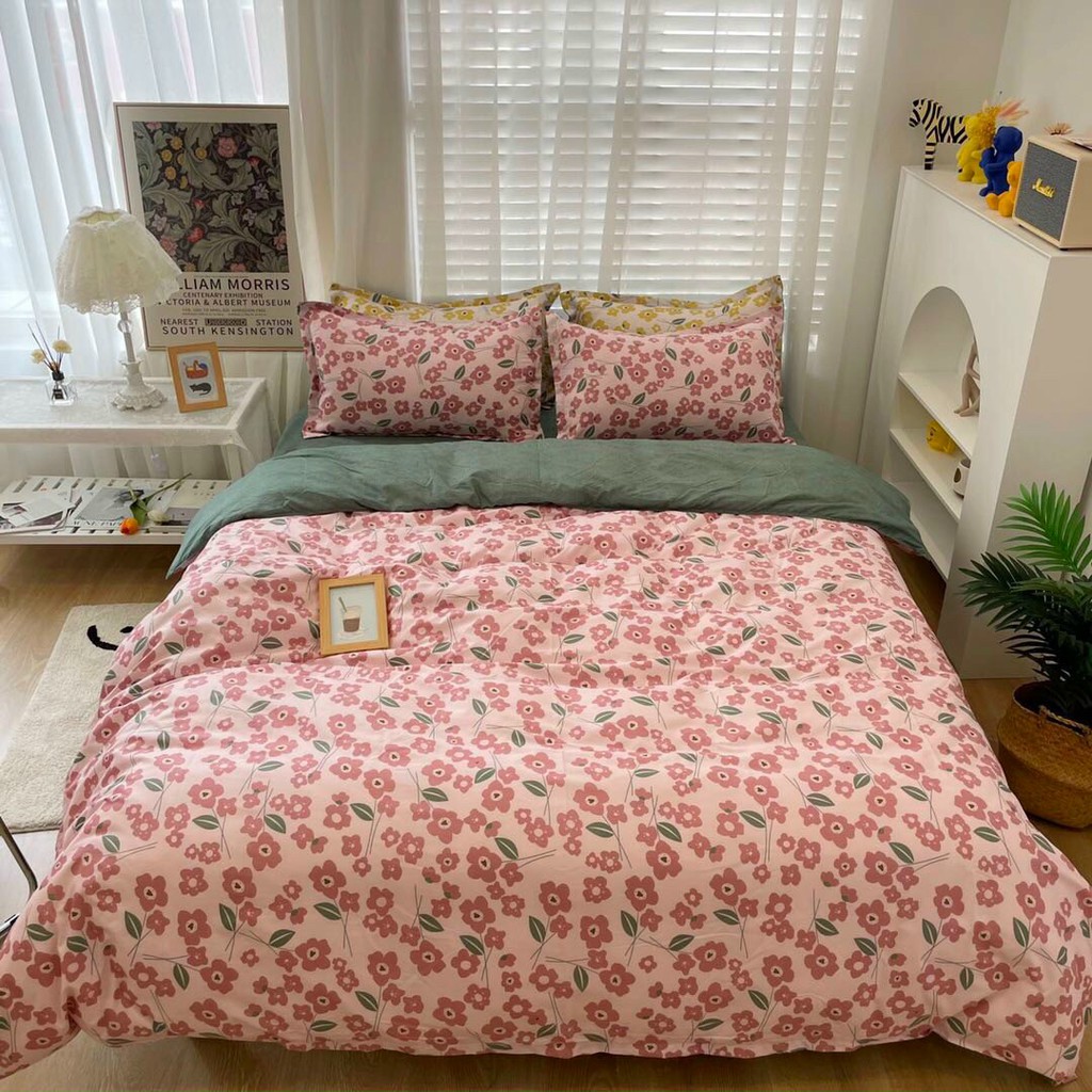 Bộ Chăn Ga Gối Cotton Poly Nhập Khẩu Hoa Ga Xanh