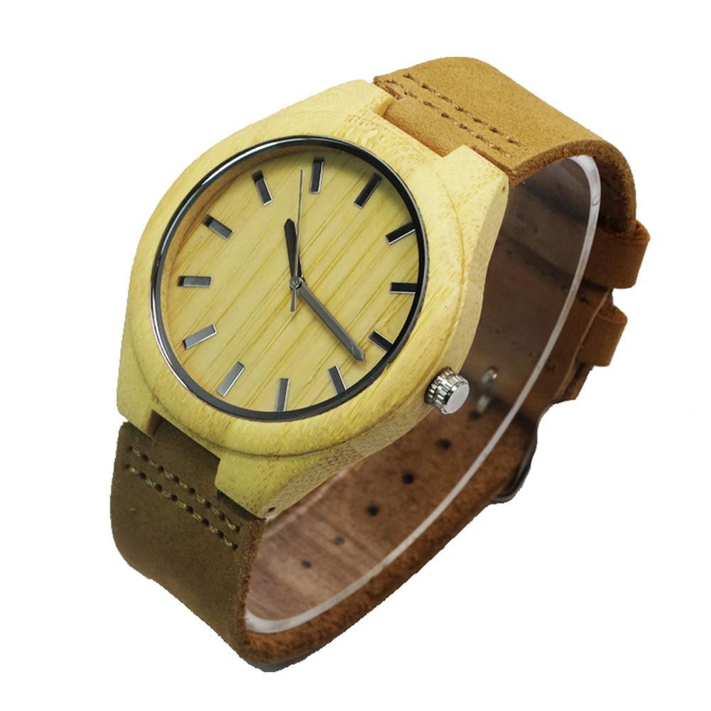 Wristwatch Male Handmade Wooden Quartz Watch Leather Strap Bamboo Wood