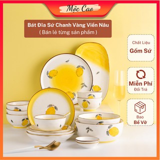 Bát đĩa sứ cao cấp, chén đĩa sứ họa tiết chanh vàng viền nâu decor quà tặng tân gia sang trọng