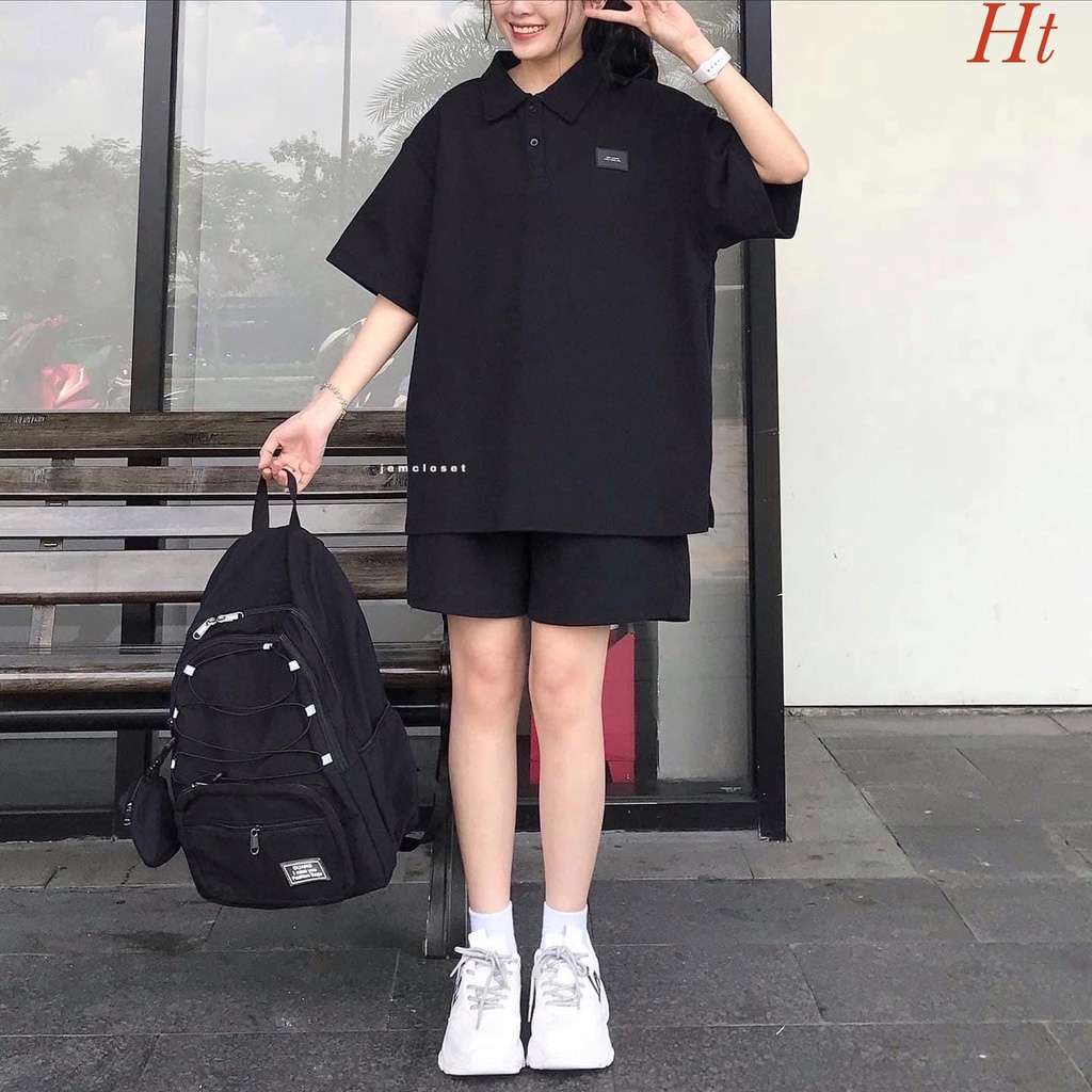 Bộ Quần Áo Thêu Logo ❤ Set Áo Polo Quần Đùi Ống Rộng Nam Nữ HT60