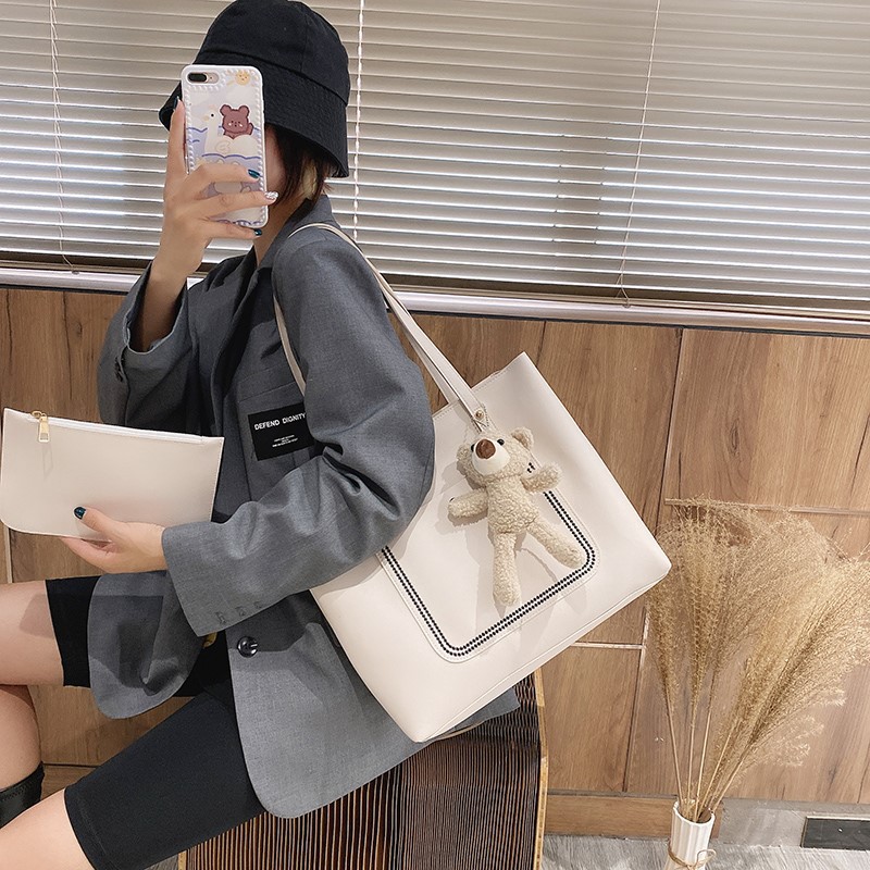 [Giảm 50K &amp; Tặng Ví Da] Túi tote da kèm gấu nữ XC-1078, da trơn đựng giấy a4 laptop kiểu túi tote công sở