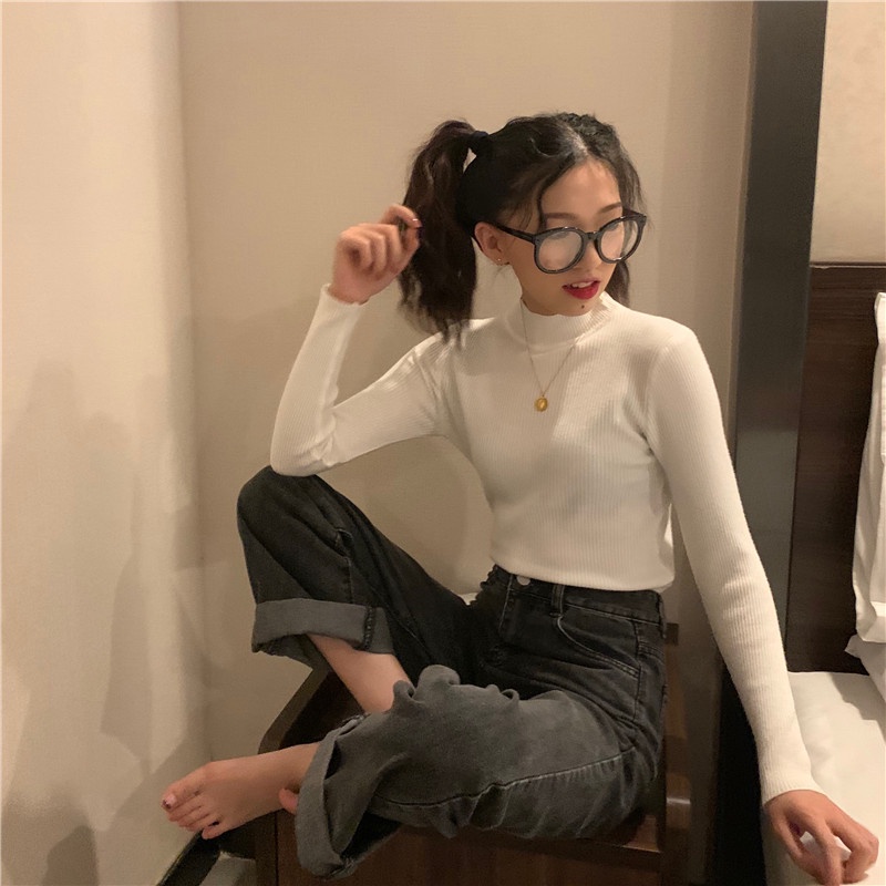 12 Màu Có Sẵn | Áo sweater Tay Dài Cổ Cao Màu Sắc Đơn Giản Cho Nữ