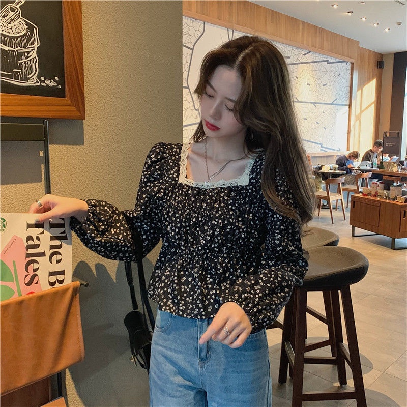 Áo Sơ Mi Ngắn Tay Dài Cổ Vuông In Họa Tiết Hoa Thời Trang Mùa Thu Kiểu Pháp Cổ Điển