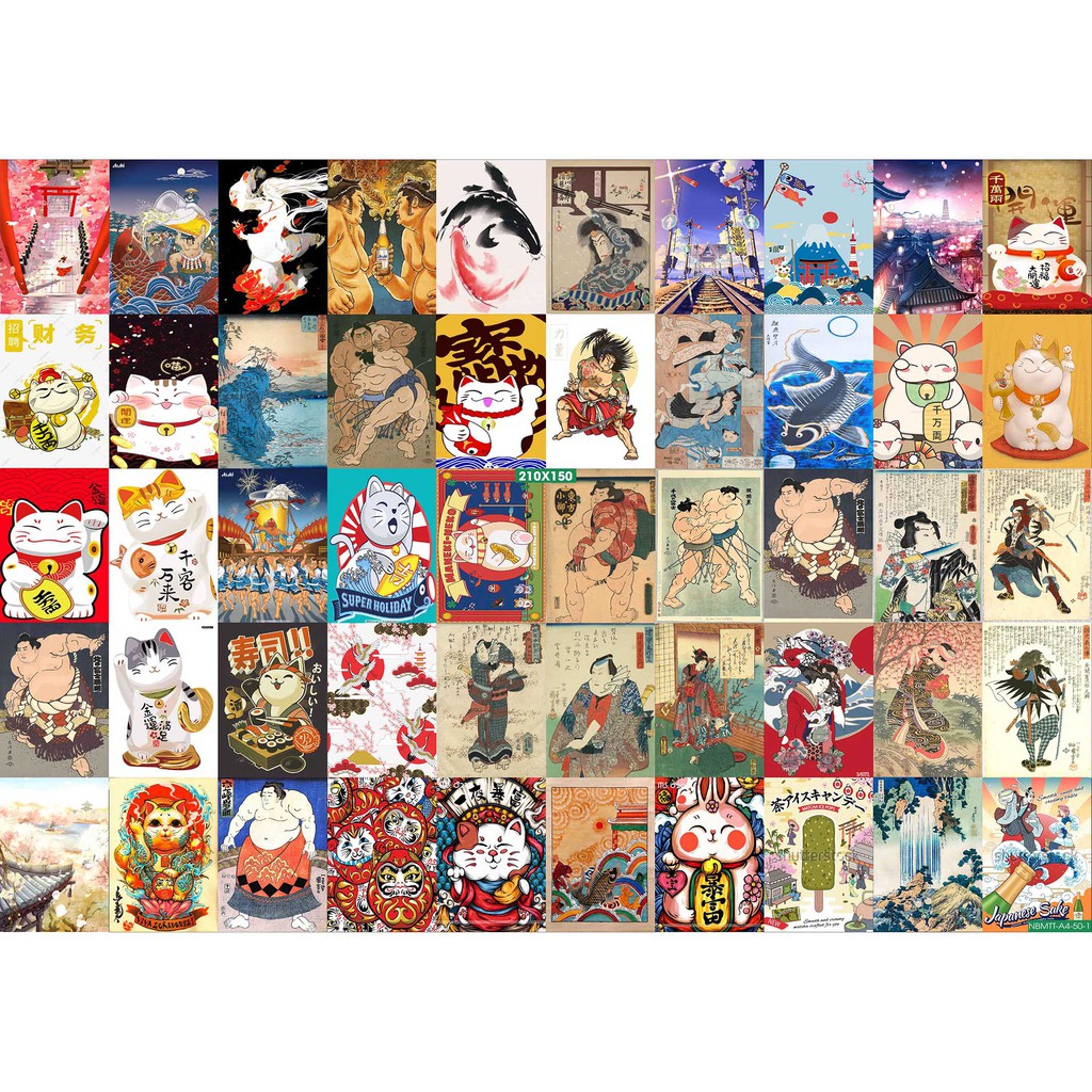 Combo Set 50 tờ Decal dán tường Mèo Thần Tài Nhật Bản Khổ A3,A4,A5